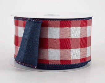Wired Edge Buffalo Plaid Ribbon and Navy Blue Reverse, 2-1/2 inch