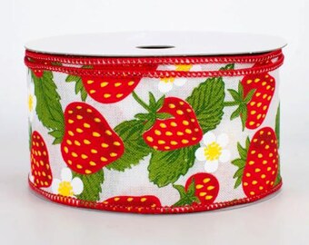 Wired Strawberry Print Ribbon, Red and White Floral Design, Craft and Wrapping Ribbon, 2-1/2 inch