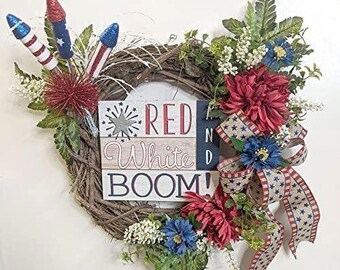 Patriotic 4th of July Grapevine Wreath, Red White and Blue Floral Door Decor with Fireworks Sign, 24 inch