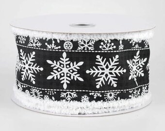 Black and White Snowflake Wired Christmas Ribbon with Fluffy Edges, Holiday Decorative Spool, 2-1/2 inch