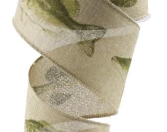 Wired Ribbon with Bass Fish Print, Tan and Green, Rustic Fishing Theme Craft Ribbon, 2-1/2 inch