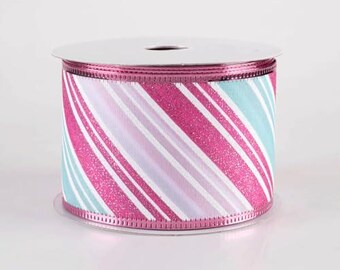 Wired Glitter Stripe Ribbon, Pink, Mint, and White Diagonal Stripes, Holiday Decorative Craft Ribbon, 2-1/2 inch