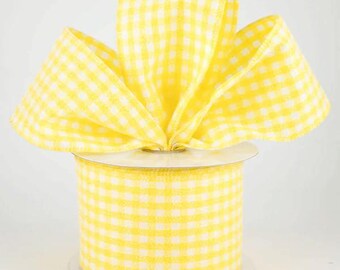 Yellow and White Gingham Checkered Wired Ribbon, Decorative Craft Ribbon on Spool, 2-1/2 inch