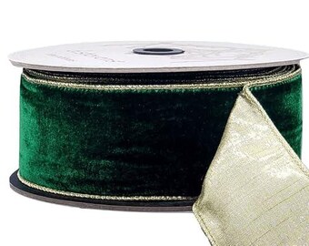 Emerald Green Velvet Wired Ribbon with Gold Edge, Holiday Wrapping and Crafts, 1-1/2 inch