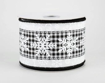 Black and White Plaid Wired Ribbon with Snowflake Pattern, Christmas Holiday Decorative Craft Ribbon, 2-1/2 inch