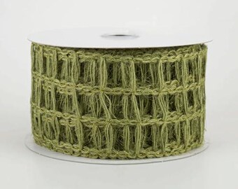 Moss Green Burlap Mesh Ribbon, Wired Edge, Open Weave Jute, Craft and Wrapping Spool, 2-1/2 inch