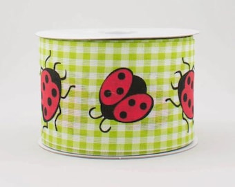 Ladybug Wired Ribbon, Green and White Gingham Checkered Pattern, Spring Craft Decorative Ribbon, 2-1/2 inch