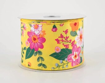 Wired Floral Ribbon on Spool, Yellow Background with Pink and White Flowers, Spring Garden Style, 2-1/2 inch