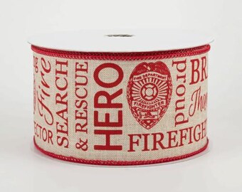 Firefighter Hero Search and Rescue Wired Ribbon, Red and Beige, Linen, Decorative Craft Ribbon on Spool, 2-1/2 inch