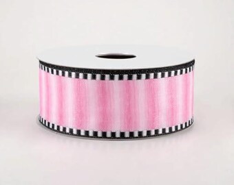 Pink Satin Ribbon with Black and White Striped Edge, Decorative Wired Ribbon for Crafts and Gift Wrapping, 1-1/2 inch