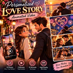 May include: A digital advertisement for a Personalized Love Story Animated Video featuring a couple in Paris. The graphic includes text, multiple romantic scenes, and a smartphone displaying a video player interface with a play button.