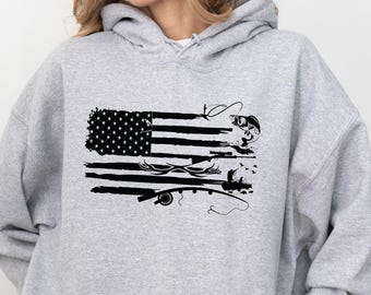 Sudadera con bandera de caza y pesca, sudadera con capucha con la bandera estadounidense, camiseta de pesca, regalo para amantes de la caza, camiseta de pesca de EE. UU., regalo para papá, camiseta de camping