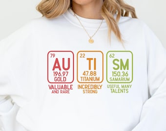 Sudadera de concienciación sobre el autismo, sudadera unisex de moda, regalo único, camiseta con la tabla periódica de los elementos de titanio, oro y samario, camiseta motivacional