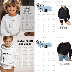 Puede incluir: Tabla de tallas para ropa Gildan 18000B y 18500B, con medidas en pulgadas para tallas XS a 5XL. La tabla detalla las medidas de ancho, largo y manga para sudaderas con capucha y sudaderas.