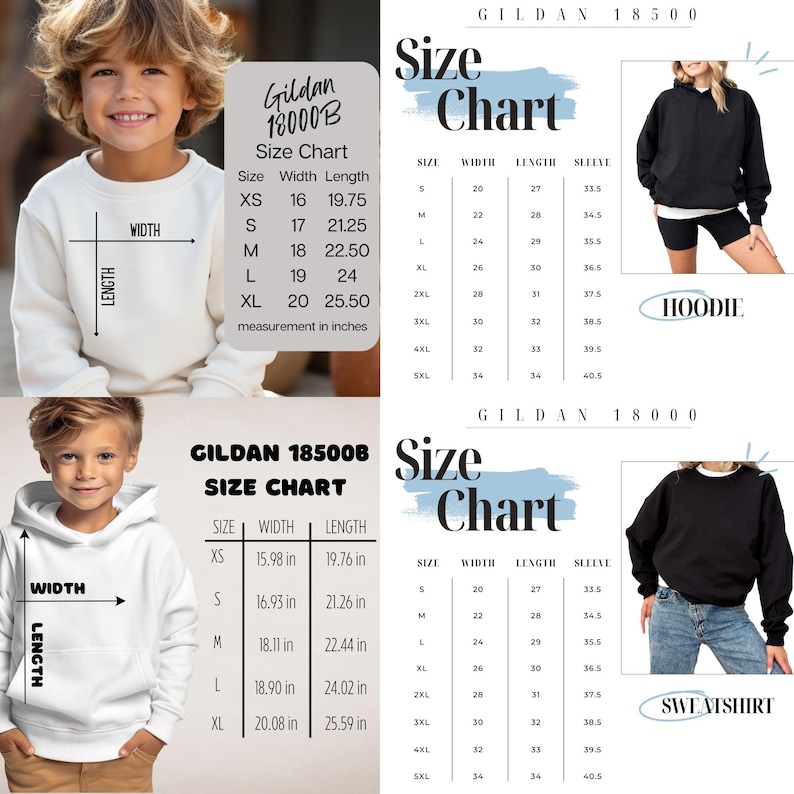 Puede incluir: Tabla de tallas para ropa Gildan 18000B y 18500B, con medidas en pulgadas para tallas XS a 5XL. La tabla detalla las medidas de ancho, largo y manga para sudaderas con capucha y sudaderas.