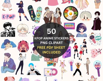 50 K-Pop Anime Stickers, Clipart (Digital Download, PNG Files)