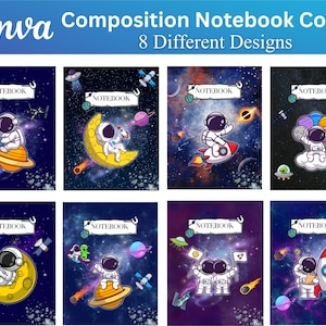 Könnte beinhalten: Einband für Notizbücher mit acht verschiedenen Designs. Jede Hülle zeigt einen Astronauten im Weltraum mit Planeten, Raketen und anderen Elementen zum Thema Weltraum. Das Wort "NOTEBOOK" wird auf jeder Hülle angezeigt.