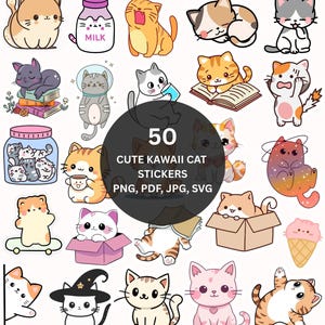 以下が含まれることがあります： 様々なポーズと色のかわいい猫のステッカー50枚のコレクション。ステッカーには、本を持った猫、箱に入った猫、食べ物を持った猫が含まれています。画像には「50 CUTE KAWAI CAT STICKERS PNG、PDF、JPG、SVG」というテキストも含まれています。