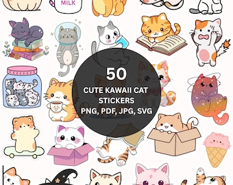 50 Kawaii Cat Stickers | Planner Scrapbook Decals (Digital Download)