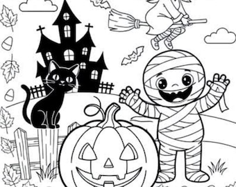 Libro para colorear de Halloween para niños: Fantasma, bruja y calabaza (descarga digital)
