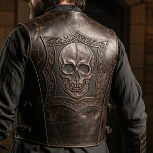 Puede incluir: Chaleco de cuero marrón con diseño de calavera en la espalda. El chaleco se lleva sobre una camisa negra de manga larga y tiene un borde decorativo alrededor de la calavera. Incluye hebillas y correas.