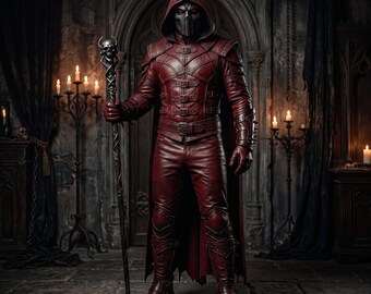 Men's Handcrafted Burgundy Leather Gothic Costume Set | Hooded Jacket, Trousers & Cape | Dark Fantasy Sorcerer Outfit