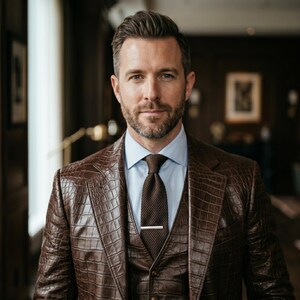 May include: A man wearing a brown, textured leather suit, light blue shirt, and brown knitted tie. The suit is a three-piece design, with a matching waistcoat and jacket. A silver tie bar secures the tie. The background is a blurred interior.