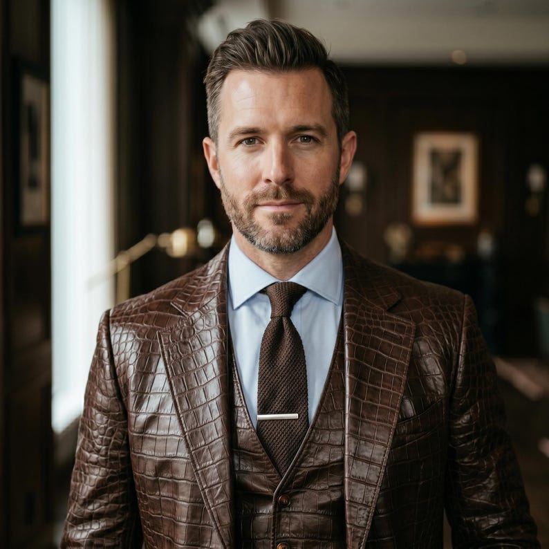 May include: A man wearing a brown, textured leather suit, light blue shirt, and brown knitted tie. The suit is a three-piece design, with a matching waistcoat and jacket. A silver tie bar secures the tie. The background is a blurred interior.