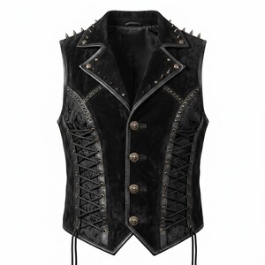 May include: Black vest with a velvet texture, featuring a notched collar adorned with silver spikes and studs. The vest has a button-up front with decorative buttons and lace-up detailing on the sides. The vest has a gothic or steampunk aesthetic.