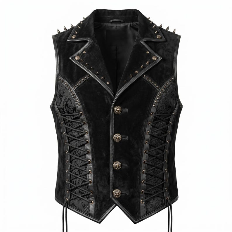 May include: Black vest with a velvet texture, featuring a notched collar adorned with silver spikes and studs. The vest has a button-up front with decorative buttons and lace-up detailing on the sides. The vest has a gothic or steampunk aesthetic.