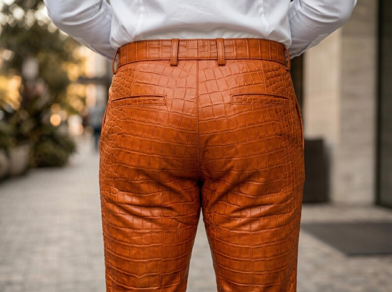 Handgjord herrkostym i orange krokodilskinn, äkta präglat läder, kavajbyxor, lyxig slim fit, balklänning, bröllopsoutfit, anpassad bild 9