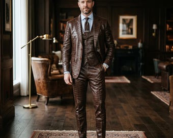 Traje de hombre hecho a mano de piel de cocodrilo marrón, conjunto de chaqueta, chaleco y pantalones de piel auténtica de lujo, de diseñador, corte ajustado, traje formal de boda a medida