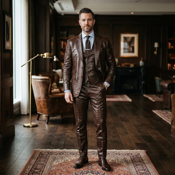 Handmade Mens Brown Crocodile Leather Suit Luxury Genuine Leather Blazer Vest Pants Set Designer Slim Fit Wedding Formal Outfit Custom