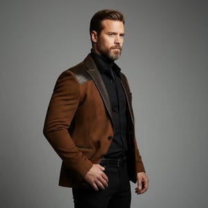 May include: A brown blazer with a suede-like texture and leather-like shoulder patches. The blazer has a single-button closure and is paired with a black shirt and pants. The overall look is stylish and sophisticated.