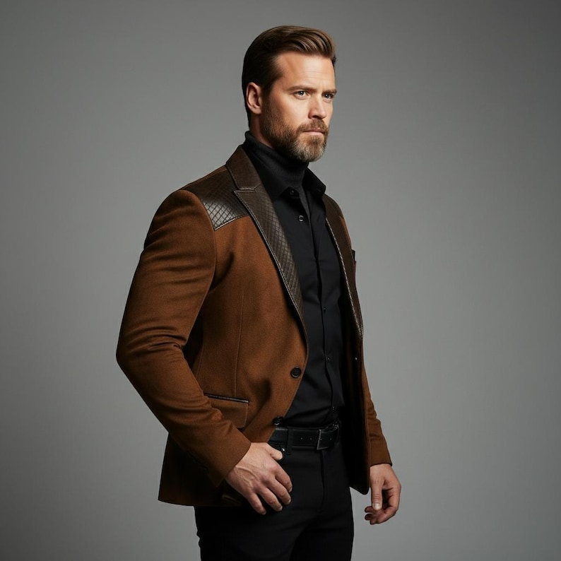 May include: A brown blazer with a suede-like texture and leather-like shoulder patches. The blazer has a single-button closure and is paired with a black shirt and pants. The overall look is stylish and sophisticated.