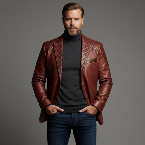 Luxury Quilted Genuine Leather Blazer Men - Handmade Cognac Cowhide Coat - Custom Fit Slim Tailored Jacket - Formal Leather Sport Coat