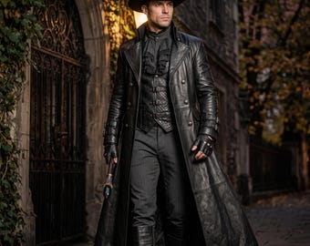 Handmade Men's Long Leather Trench Coat Black Genuine Leather Medieval Duster Gothic Jacket Double Breasted High Collar Steampunk Coat