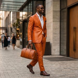 Handgjord herrkostym i orange krokodilskinn, äkta präglat läder, kavajbyxor, lyxig slim fit, balklänning, bröllopsoutfit, anpassad bild 3