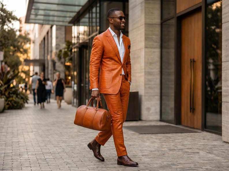 Handgjord herrkostym i orange krokodilskinn, äkta präglat läder, kavajbyxor, lyxig slim fit, balklänning, bröllopsoutfit, anpassad bild 3