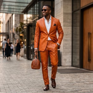 Handgjord herrkostym i orange krokodilskinn, äkta präglat läder, kavajbyxor, lyxig slim fit, balklänning, bröllopsoutfit, anpassad bild 1
