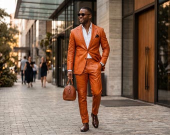 Handmade Mens Orange Crocodile Leather Suit Genuine Embossed Leather Blazer Pants Set Luxury Slim Fit Prom Wedding Outfit Custom