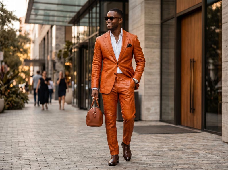 Handgjord herrkostym i orange krokodilskinn, äkta präglat läder, kavajbyxor, lyxig slim fit, balklänning, bröllopsoutfit, anpassad bild 1