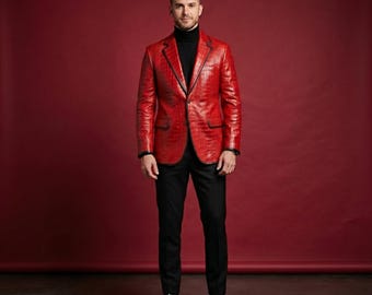 Blazer branco com gola mandarim | Couro bovino premium | Jaqueta formal de luxo para casamento masculino