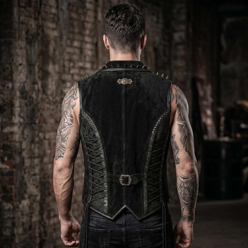 May include: Black vest with a studded collar and decorative metal accents. The vest features a lace-up back and a buckle closure. The vest is made of a dark material and has a tailored fit.