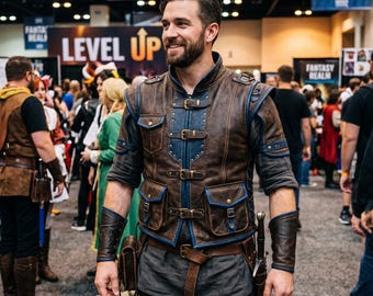 Handmade Men's Medieval Leather Jerkin Vest Brown Blue Fantasy Tunic Genuine Leather Buckle Armor with Bracers LARP Cosplay Costume