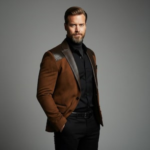 May include: A brown blazer with leather-like shoulder accents, paired with a black turtleneck and dress shirt. The blazer has a classic cut and is worn with black pants and a black belt. The background is a solid gray.