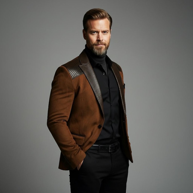May include: A brown blazer with leather-like shoulder accents, paired with a black turtleneck and dress shirt. The blazer has a classic cut and is worn with black pants and a black belt. The background is a solid gray.