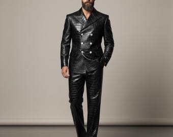 Crocodile Genuine Leather Blazer & Pants Set, Black Leather Suit Men, Custom Mens Leather Suit, Luxury Leather Tuxedo Outfit