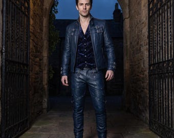 Handmade Men's Blue Leather Outfit Set Genuine Cowhide Jacket Cargo Pants Multi Buckle Gothic Steampunk Slim Fit Biker Suit