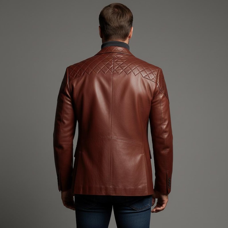 May include: A brown leather blazer with diamond-stitched shoulder accents. The jacket has a classic two-button closure and a notched lapel. The model is wearing a dark turtleneck and blue jeans.